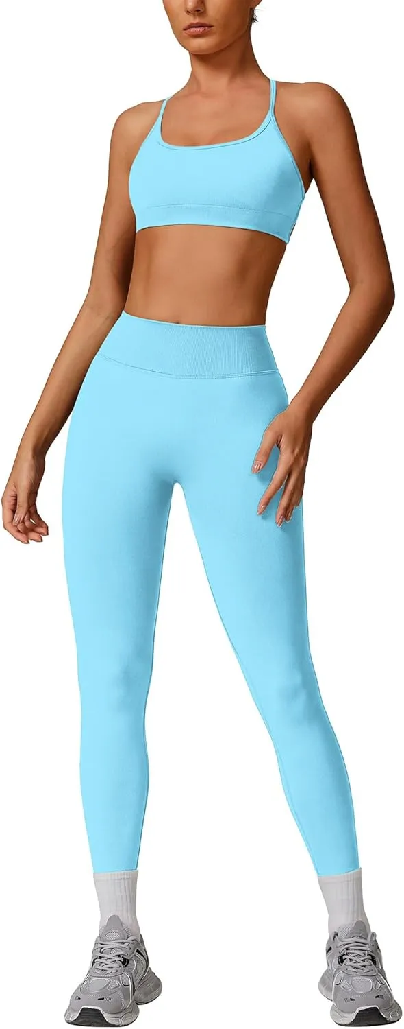 Women's Workout Sets 2 Piece Seamless Sports Bra Scrunch Butt High Waist Impact Leggings Gym Yoga Outfits