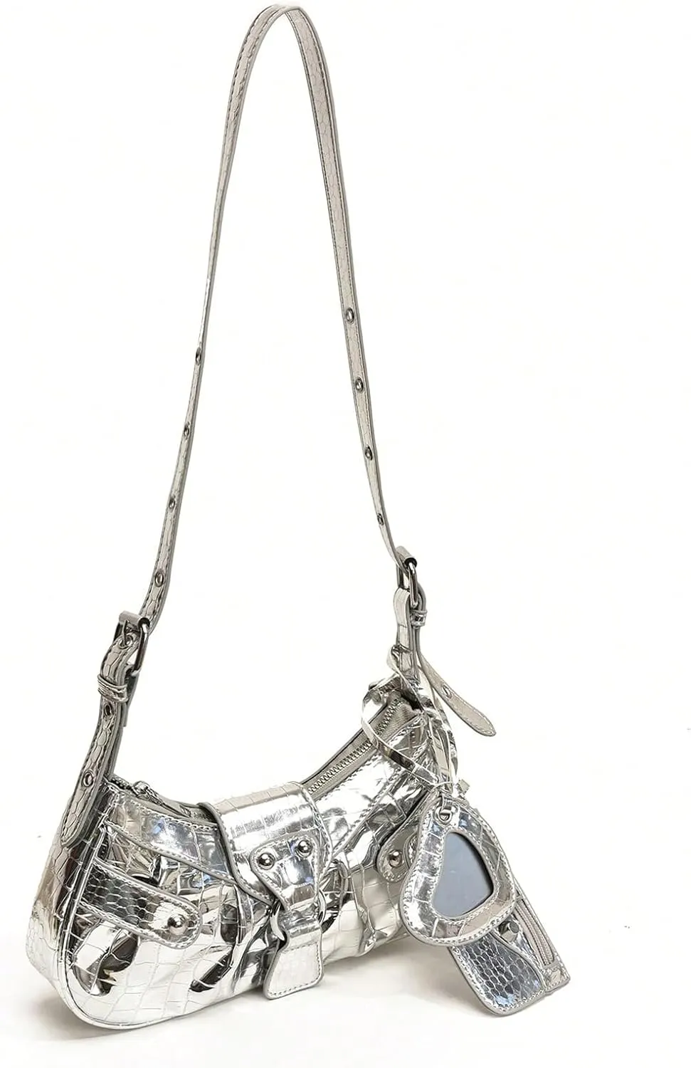 Women's Y2K Metallic Studded Shoulder Handbags Buckle Zipper Crossbody Bags with Coin Purse