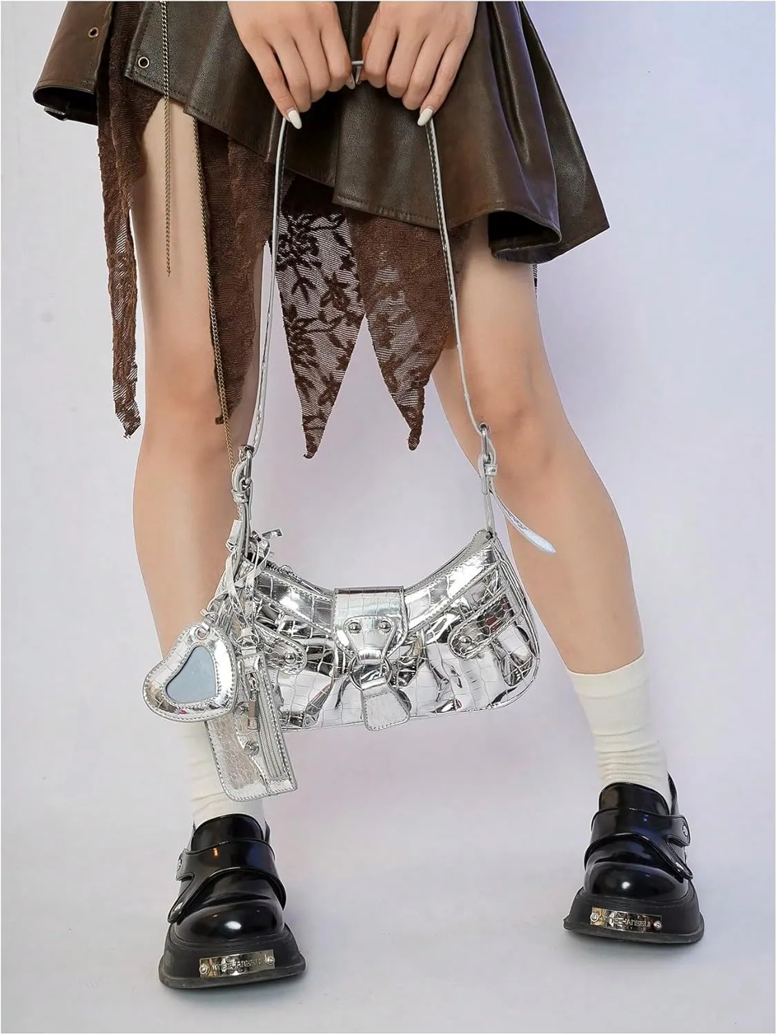 Women's Y2K Metallic Studded Shoulder Handbags Buckle Zipper Crossbody Bags with Coin Purse