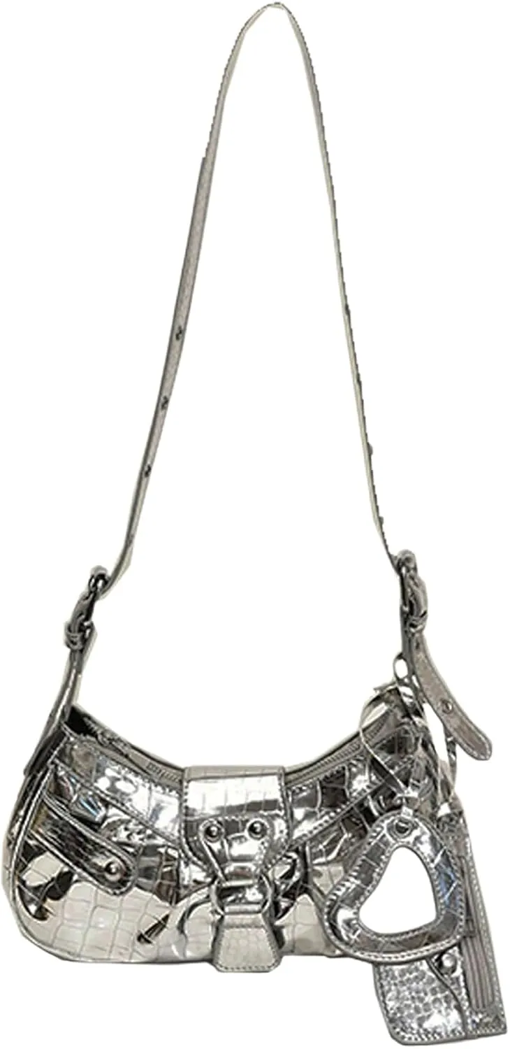 Women's Y2K Metallic Studded Shoulder Handbags Buckle Zipper Crossbody Bags with Coin Purse