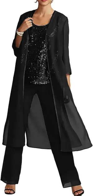 YAUTKA 3 Pcs Pant Suits for Wedding 3/4 Long Sleeve Sparkly Sequin Chiffon Formal Outfits for Women 2024 with Jackets