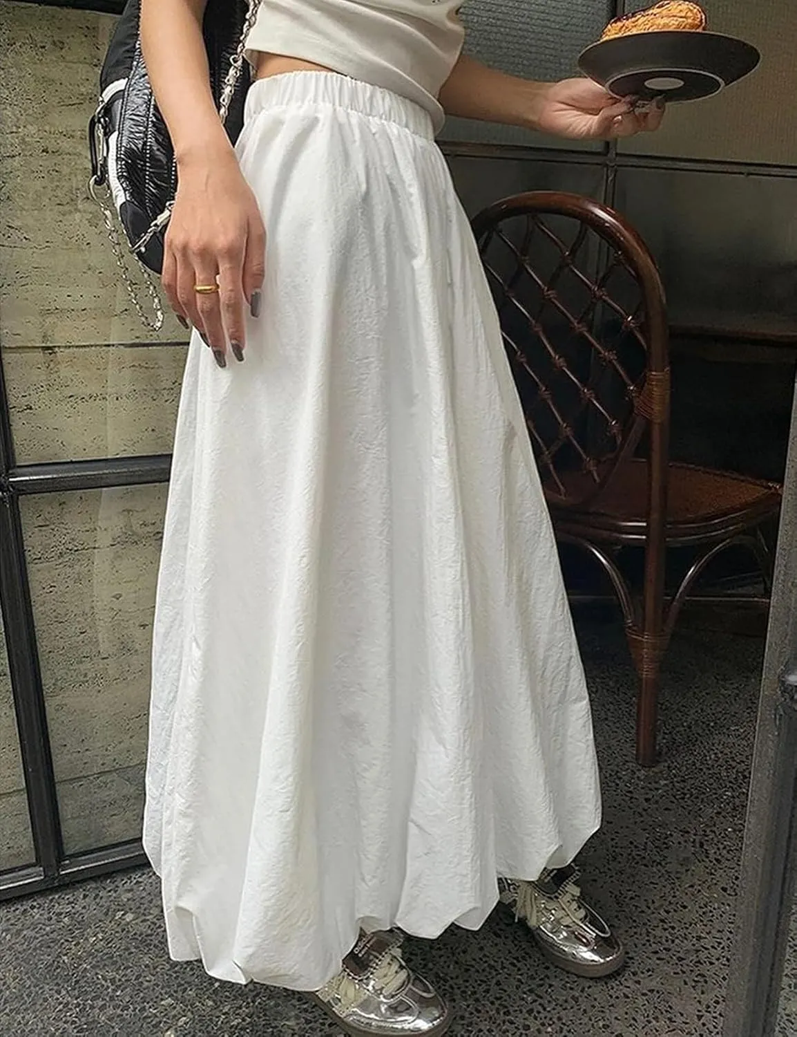 Yimoon Women Bubble Skirt Y2k High Waisted A-Line Long Skirt Ruffle Pleated Summer Casual Puff Midi Dress