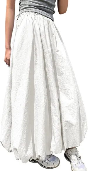 Yimoon Women Bubble Skirt Y2k High Waisted A-Line Long Skirt Ruffle Pleated Summer Casual Puff Midi Dress
