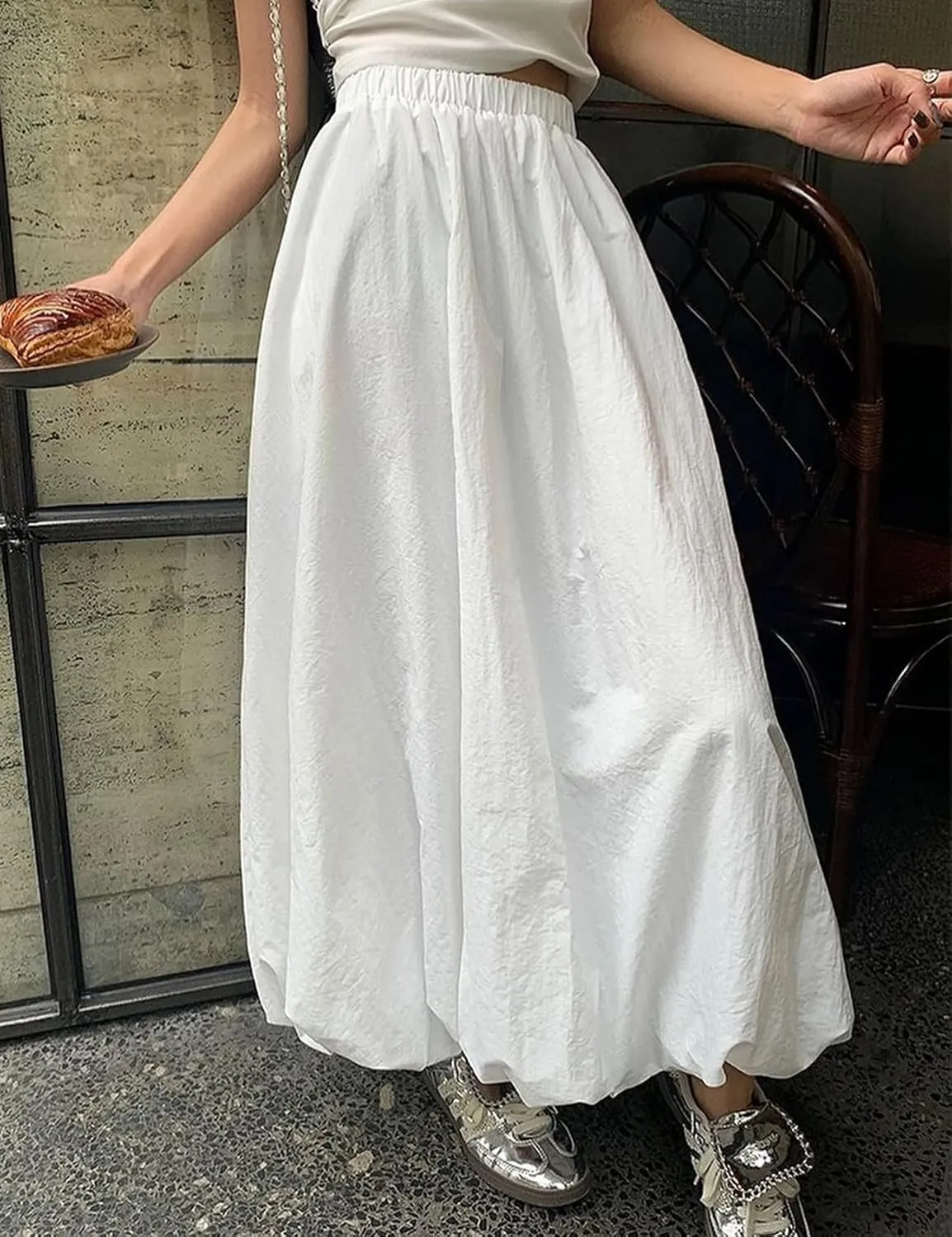 Yimoon Women Bubble Skirt Y2k High Waisted A-Line Long Skirt Ruffle Pleated Summer Casual Puff Midi Dress