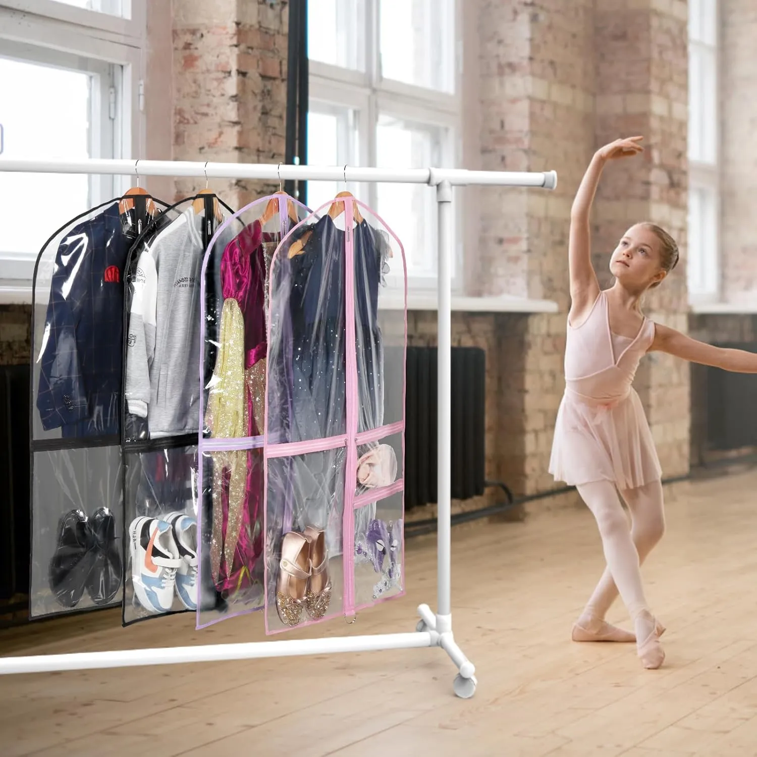 Zilink Kids Garment Bag for Dance 40 Dance Garment Bags for Dancers Cheer Uniform Garment Bag with 3 Clear Zipper PocketsSet of 4 (Clear/Black)