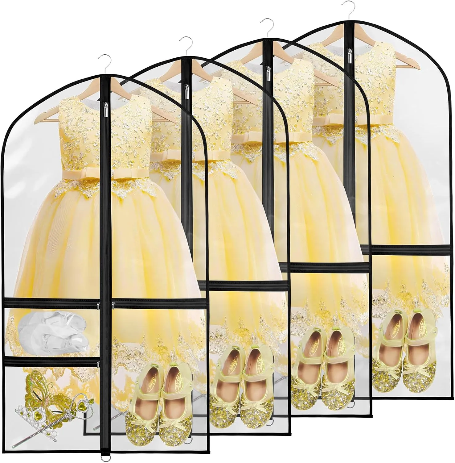 Zilink Kids Garment Bag for Dance 40 Dance Garment Bags for Dancers Cheer Uniform Garment Bag with 3 Clear Zipper PocketsSet of 4 (Clear/Black)