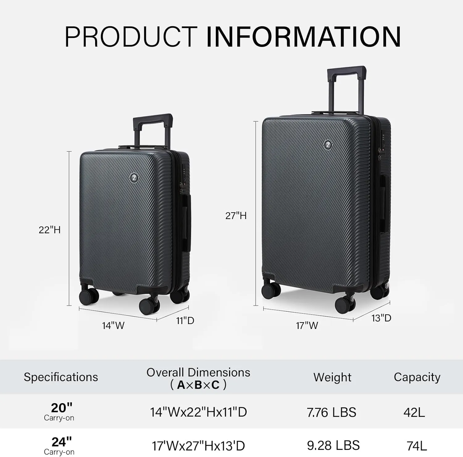 Zitahli Luggage Sets,Expandable Luggage Suitcase,Hardside Luggage with TSA Lock Spinner Wheels YKK zippers 20in 24in (Grey)
