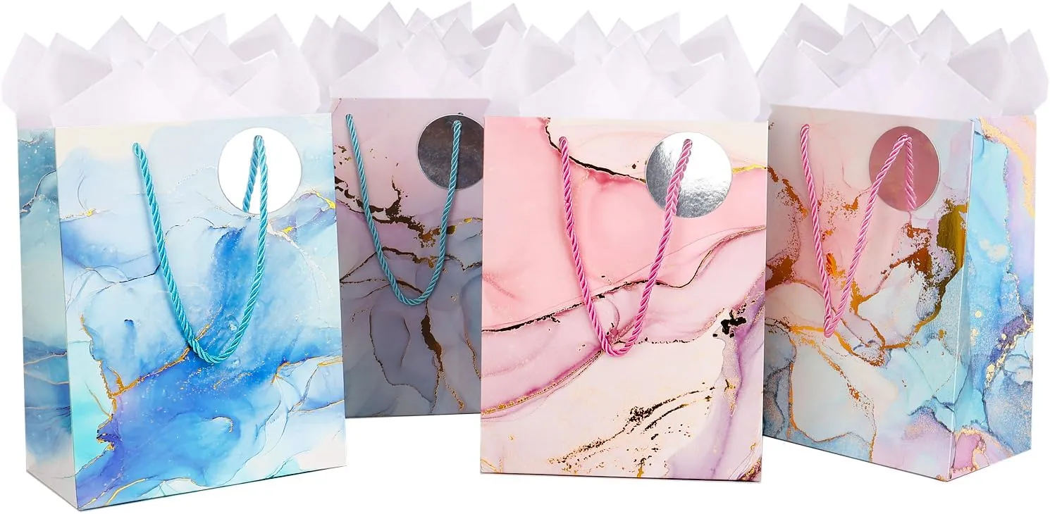 ZJHiome Medium Gift Bags, 4 Pack 9'' Marble Paper Bag with Tissue Paper for Shopping Business Birthday Wedding Baby Shower Christmas Party(Marble)
