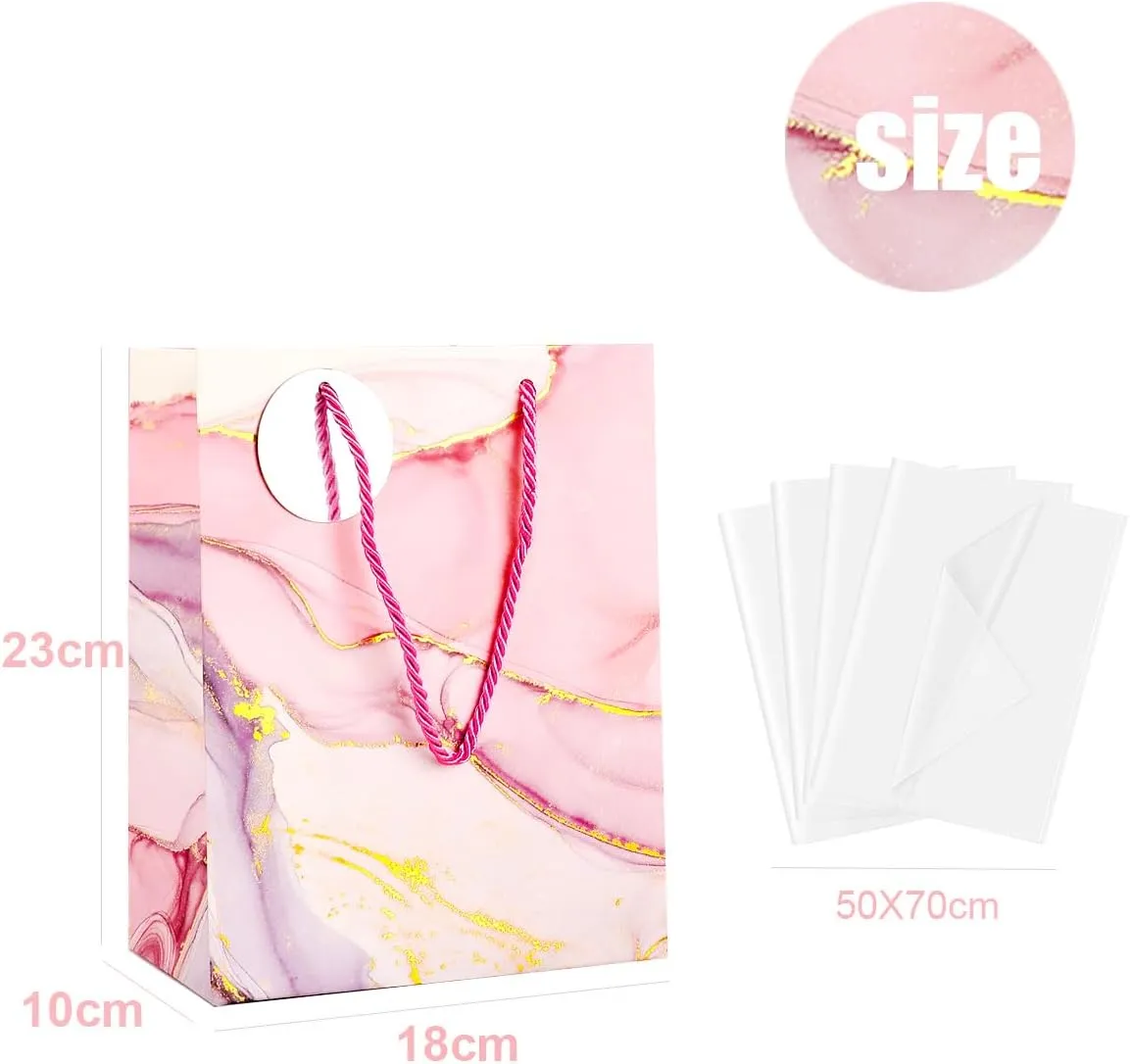 ZJHiome Medium Gift Bags, 4 Pack 9'' Marble Paper Bag with Tissue Paper for Shopping Business Birthday Wedding Baby Shower Christmas Party(Marble)