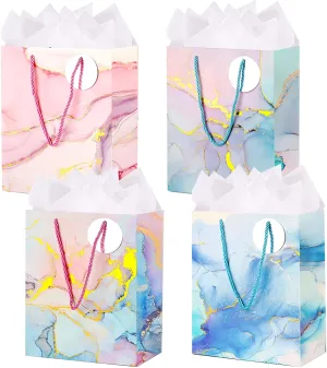 ZJHiome Medium Gift Bags, 4 Pack 9'' Marble Paper Bag with Tissue Paper for Shopping Business Birthday Wedding Baby Shower Christmas Party(Marble)